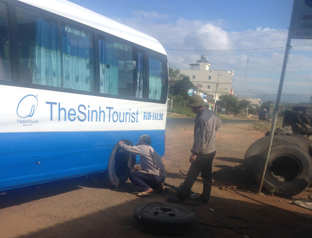 No bus journey is complete without a quick tyre change...