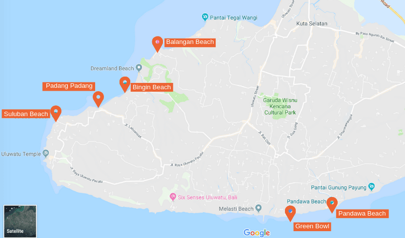 Map beaches Uluwatu